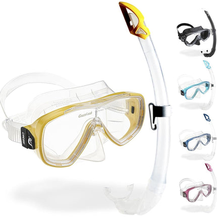 Cressi Single Lens Mask & Snorkel Set - Tempered Glass Diving Mask - Snorkel Set Adults for Pools & Sea - Quick-Adjust Buckles for Scuba Diving Equipment - Transparent/Yellow - Combo Set