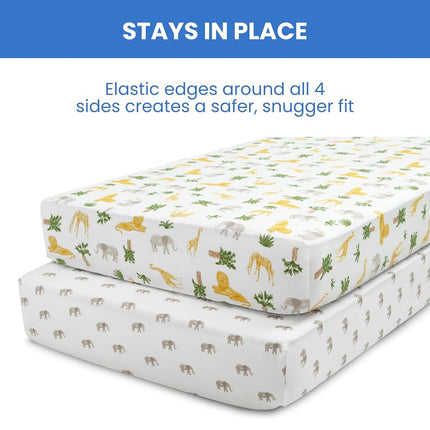 Delta Children Fitted Crib Sheets for Girls and Boys - Crib Sheet for Standard Crib and Toddler Mattresses - 28x52 Inch (Pack of 2), Safari Friends