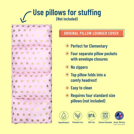 Wildkin Tumbona de suelo para niños – Ligera y fácil de transportar, ideal para pijamadas y siestas, almohada no incluida – Estrellas rosas y doradas