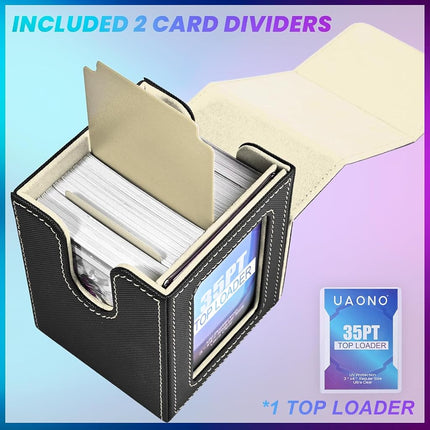 UAONO Card Deck Box with MTG Commander Display, Patented Design Card Deck Case Holds 100+ Double-Sleeved Cards, PU Leather Cards Storage Box for TCG with 2 Dividers, 1 Toploader (Black&Gold)