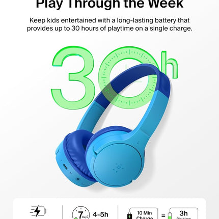 Belkin SoundForm Mini - Wireless Bluetooth Kids Headphones, 30H Battery, 85dB Safe Volume Limit, Built-in Microphone - Toddler On-Ear Earphones for iPhone, iPad, Fire Tablet, Ideal for School - Blue