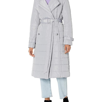 KENNETH COLE Women's Quilted Puffer Jacket with Faux Fur Trimmed Hood Down Alternative Coat, Lt Grey, XL