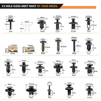 GOOACC 795 pièces Clips de fixation pour voiture et assortiment de fixations automobiles 23 tailles les plus populaires Rivets de pare-chocs en nylon Kit de goupilles à vis en métal avec 10 attaches de câble et dissolvant pour Toyota GM Ford Honda Chevy