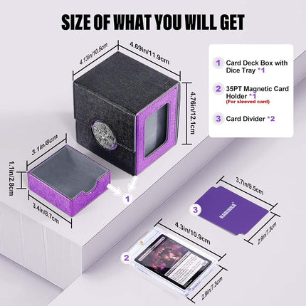 Kabinka Commander Deck Box for MTG with Metal Emblem, Card Deck Box with Dice Tray, Hold 100 Double-Sleeved Cards for TCG/PTCG, Cards Storage Case with 35PT Magnetic Card Holder (Black& Purple, Lotus)