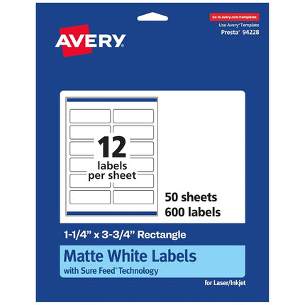 Avery Matte White Rectangle Labels with Sure Feed, 1.25" x 3.75", 600 Matte White Printable Labels