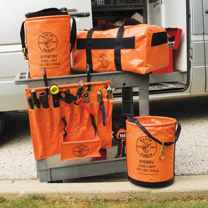 Klein Tools 51828 Tool Apron, Made in USA, 18-Inch Aerial Apron with 8 Pockets and Tool Pouches, Loops and Hooks in Hi-Viz Orange