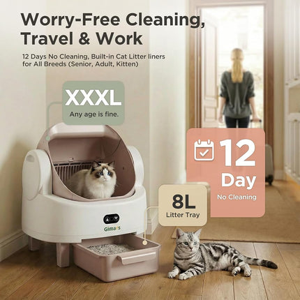 Gimars Open Top Design Self Cleaning Litter Box, Automatic Cat Litter Box for Multiple Cats & Senior Cats, App Control with Safety Sensors, Low Odor, Includes Trash Bags & Litter Mat, Champagne
