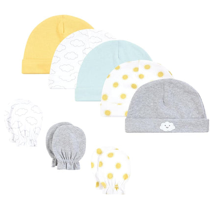 Hudson Baby Unisex Baby Cotton Cap and Scratch Mitten Set, Sunshine and Clouds, 0-6 Months