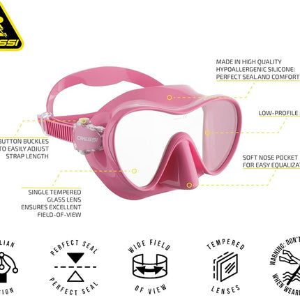 Cressi F1 Frameless Diving Mask - Anti-Fog Tempered Glass Snorkel Mask - Silicone Skirt for Secure Scuba Fit - Adjustable Buckles for Diving & Snorkelling - Pink - One Size