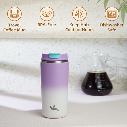 Konokyo Tumbler with Lid, 12 oz Travel Coffee Mug Double Wall Vacuum Stainless Steel Thermal Metal Cup Insulated Water Bottle,PurpleWhite