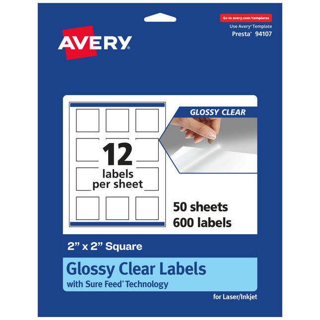 Avery Glossy Clear Square Labels with Sure Feed, 2