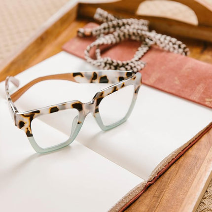 Peepers by PeeperSpecs Women's Take a Bow Square Blue Light Blocking Reading Glasses, Chai Tortoise/Green, 1.00
