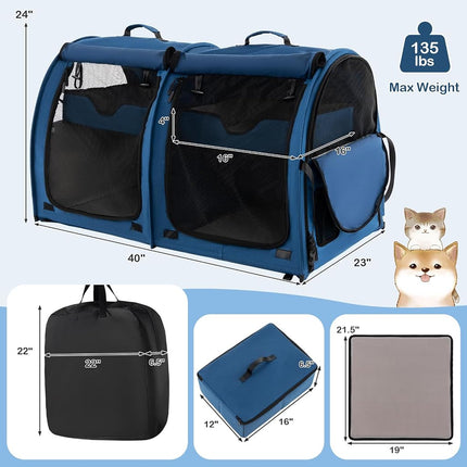PETSITE 40 Inch Cat Carrier with Double Compartments, Portable Pet Kennel with 2 Removable Hammocks, Dual-use Mats & Litter Box, Soft-Sided Cat Dog Crate with Carry Bag & Ground Stakes (Black)