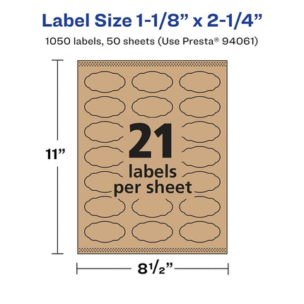 Avery Kraft Brown Oval Scalloped Labels with Sure Feed, 1-1/8" x 2-1/4", 1,050 Kraft Brown Labels, Print-to-The-Edge, Laser/Inkjet Printable Labels