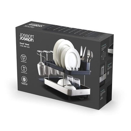 Joseph Joseph Excel - Steel 2-Tier Stainless-Steel Dish Rack for Kitchen Counter, Washing up Drainer with draining spout, Movable Cutlery Drainer, Wine-Glass Holder