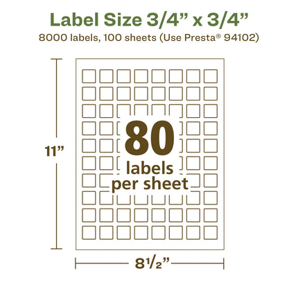 Avery EcoFriendly Matte White Recycled Square Labels, 3/4" x 3/4", Print-to-The-Edge, Matte White Labels, Permanent Adhesive, Laser/Inkjet Printable, 8,000 Total