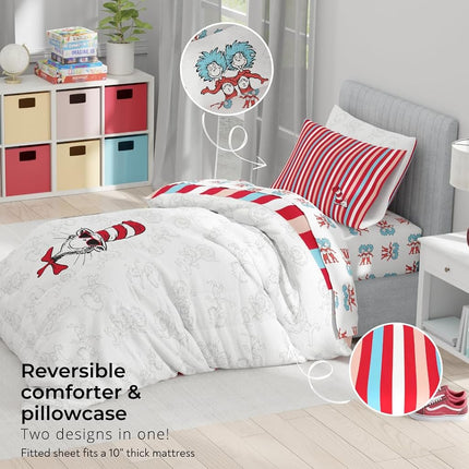 Dr. Seuss Cat in The Hat Kids Bedding, 7 Piece Full Bed Set, Soft Cozy Reversible Comforter and Sheet Set with Sham, Officially Licensed Product by Franco