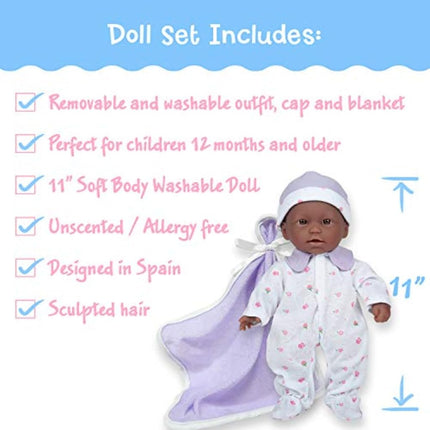 JC Toys, La Baby 11-inch African American Washable Soft Body Play Doll For Children 18 months or Older, Designed by Berenguer