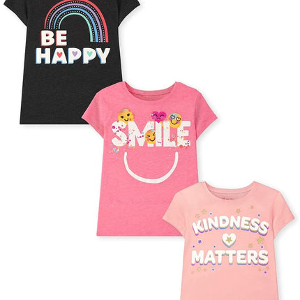 The Children's Place Girls Camisetas gráficas de manga corta Kindness, Love, Equality, Paquete de 3 Be Happy/Smile/Kindness Matters, XX-Large