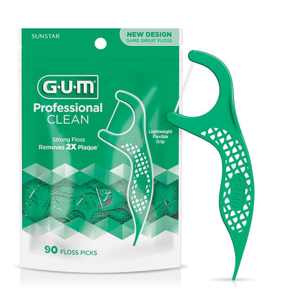 GUM Professional Clean Flossers, Menta Fresca, Palillos de Hilo Dental Portátiles, 90 unidades