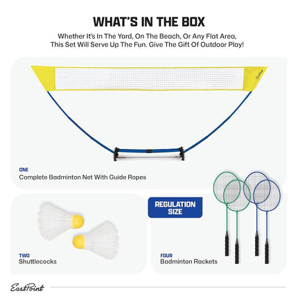 EastPoint Sports 15ft 4-Player Badminton Set with Net, Rackets, Shuttlecocks and Carry Caddy - Easy Setup Backyard Badminton Net