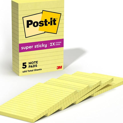 Post-it Super Sticky Notes, 4x6 in, 5 Pads, 2X The Sticking Power, Canary Yellow, Recyclable (660-5SSCY)