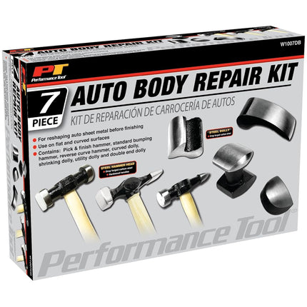 PERFORMANCE TOOL W1007DB 7-Piece Auto Body Repair Kit with Carbon Steel Hammer Heads and Dollies on Wood Handles