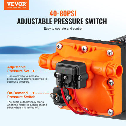 VEVOR - Pompe à diaphragme 12 V, débit 13,2 LPM, pompe à eau auto-amorçante avec pressostat, 40-80 PSI réglable, protection contre les surcharges, ruban d'étanchéité, 1/2" MNPT