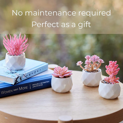Nordik Miniature Artificial Succulent Set of Four Geometric Round White Pots - Office Decor for Women Desk, Indoor, Living Room, Home and Desk Decor – Pink Faux Succulents