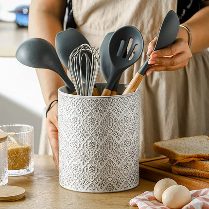 KOOV Kitchen Utensil Holder, Large Utensil Holders for Countertop, 6 x 7 Inches Ceramic Utensil Crock, Deep and Stable, Cooking Utensil Holder, Embossed Pattern, White