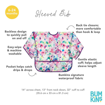 Bumkins Sleeved Bib, Handy Tie Closure for Custom Fit, Catch-All Pocket, Baby-Led Weaning, Waterproof, Machine Washable, Stain & Odour Resistant, BPA Free, 6-24 Months, Watercolour Design