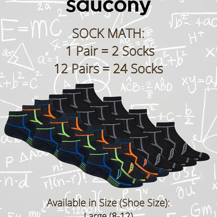 Saucony Men's Rundry Bolt Performance Quarter Socks, Available in L-XL (6, Running, Grey (12 Pairs), X-Large (Pack of 24)