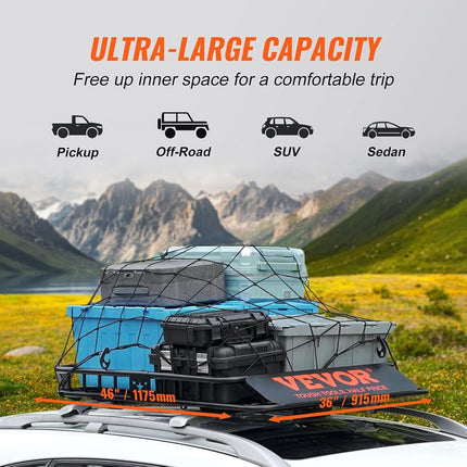 VEVOR Roof Rack Cargo Basket, 46“x36 x4.5” /117x91x11 cm Rooftop Cargo Carrier, Heavy-Duty 200 LBS/90 KG Capacity Universal Roof Rack Basket, Luggage Holder for SUV, Truck, Vehicle