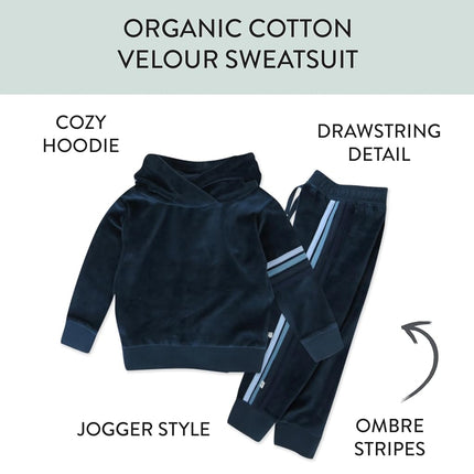 HonestBaby Velour Pullover Hoodie and Zip Front Sweatshirt and Jogger Sweatpants Set Baby, Toddler, Boys, Girls, Unisex, Blue with Stripe, 18 Months, Blue With Stripe, 18 Months