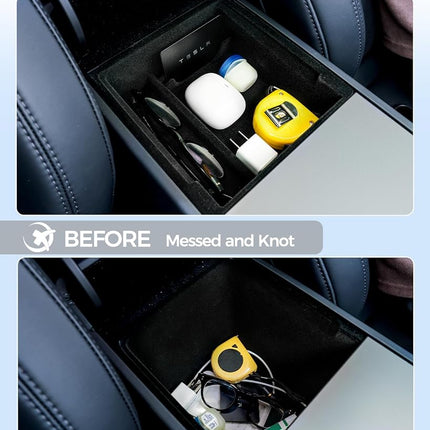 KYX Center Console Organizer Tray for Tesla Model 3 Highland Accessories 2024 Armrest Hidden Drawer Storage Box Cup Holder