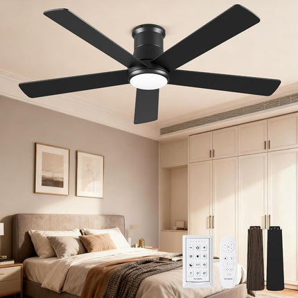 Autoday 52 Inch Ceiling Fans with Lights and Remote - Black Flush Mount Ceiling Fan with Light Low Profile, 6 Speeds, Quiet DC, 3CCT Dimmable, Indoor Outdoor Ceiling Fans for Patios Bedroom