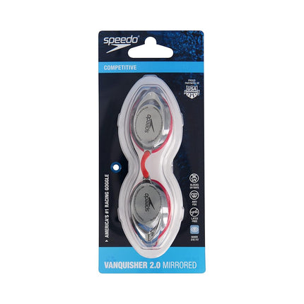 Speedo Vanquisher 2.0 Mirrored Anti-Fog Swim Swimming Competition Goggle, Red