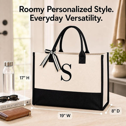 Mud Pie Classic Black and White Initial Canvas Tote Bags (C), 100% Cotton, 17" x 19" x 2"
