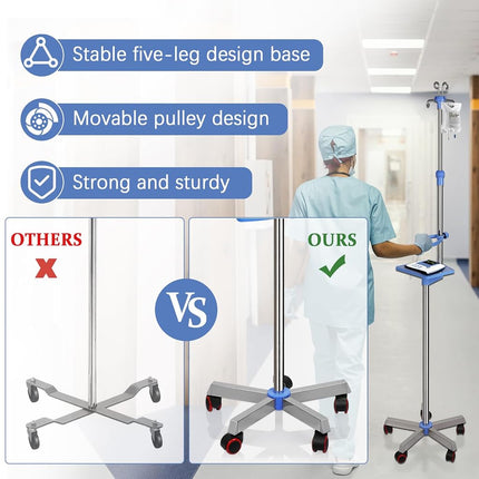 Ozzptuu Medical IV Pole with wheels Stainless Steel Adjustable 57" to 79" Height IV Stand with Tray and 4 Hooks for IV Hospital Home Infusion Practice and Therapy