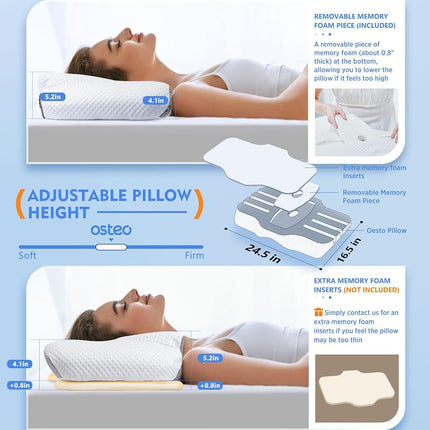 Osteo Cervical Pillow for Neck Pain Relief, Hollow Design Odorless Memory Foam Pillows with Cooling Case, Adjustable Orthopedic Bed Pillow for Sleeping, Support for Side Back Sleepers