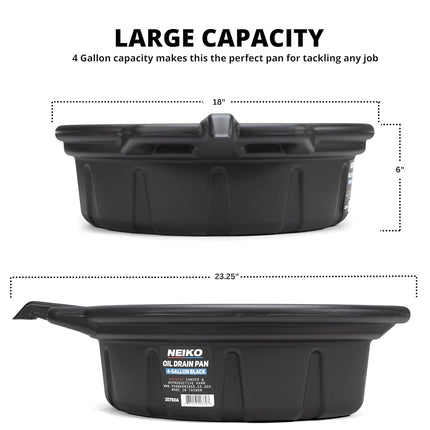 NEIKO 20760A Large Oil Drain Pan, 4 Gallon (16L) Capacity, Black Plastic Anti Splash Oil Pan, Motor Oil Drip Catcher Pan, Non Spill Pour Spout, Oil Catch Pan for Changing Oil, Oil Drain Container