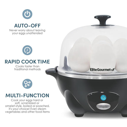 Elite Gourmet EGC710DKG Rapid Egg Cooker, 7 Easy-To-Peel, Hard, Medium, Soft Boiled Eggs, Poacher, Omelet Maker, Auto Shut-Off, Alarm, 16-Recipe Booklet, BPA-Free, Ash