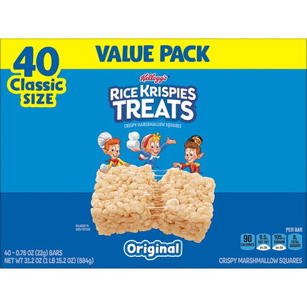 Rice Krispies Treats Crispy Marshmallow Squares, Kids Snacks, Cereal Bars, Original, 31.2oz Box (40 Bars)