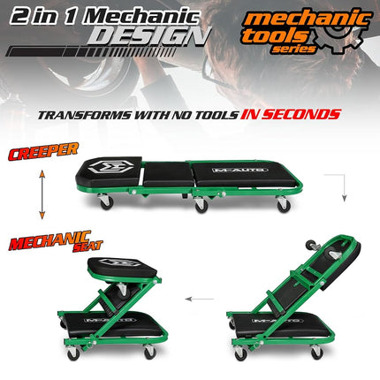 M-AUTO Foldable Z Creeper 2-in-1 Rolling Folding Car Creeper & Seat, 36" Adjustable Roller Garage Chair Lay Down or Sit, 330LBS Capacity Under Car Roller Creeper with 6 Swivel Casters, Green