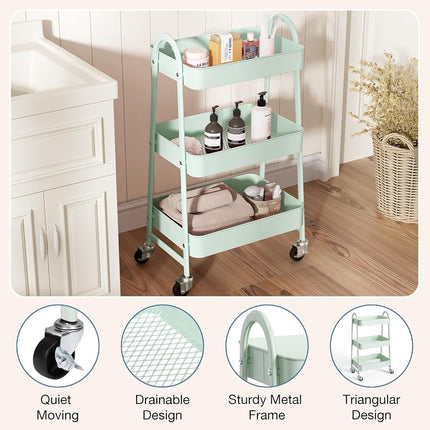 OLIXIS 3 Tier Utility Rolling Cart with Lockable Casters, Mobile Metal Storage Shelf, Organization for Living Room, Bathroom and Narrow Places, Pale Green