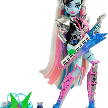 Mattel Monster High Doll, Amped Up Frankie Stein Rockstar with Instrument and Performance-Themed Accessories Like Headphones