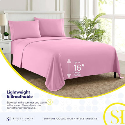 Parure de Draps California King - Draps de Luxe Respirants avec Élastique Intégral et Sangles d'Angle Sécurisées Intégrées - Collection Suprême 1800 Parure de Lit King Size California King, Poches Profondes, Parure de Draps, California King, Rose