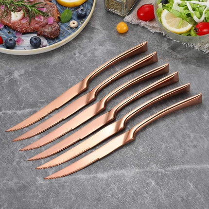 Lemeya 6 Pieces Steak Knife Set of 6, Standing Steak Knives,Mirror Polished,Dishwasher Safe (Rose Gold)