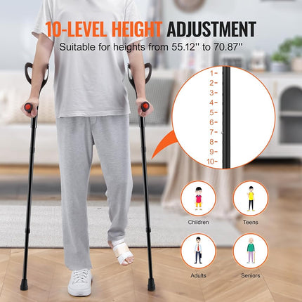VEVOR Forearm Crutches for Adults, 10-Level Height Adjustable Walking Forearm Crutches, Aluminum Folding Medical Crutches with Open Cuff & Non-Slip Pad for Leg Injury Surgery Disabled, 1 Pair (159 KG)