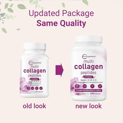 Micro Ingredients 2 Pack Multi Collagen Pills for Women & Men, 480 Capsules | Type I, II, III, V, X | Hydrolyzed Protein Peptides with Biotin, Hyaluronic Acid, & Vitamin C | Keto & Paleo Friendly